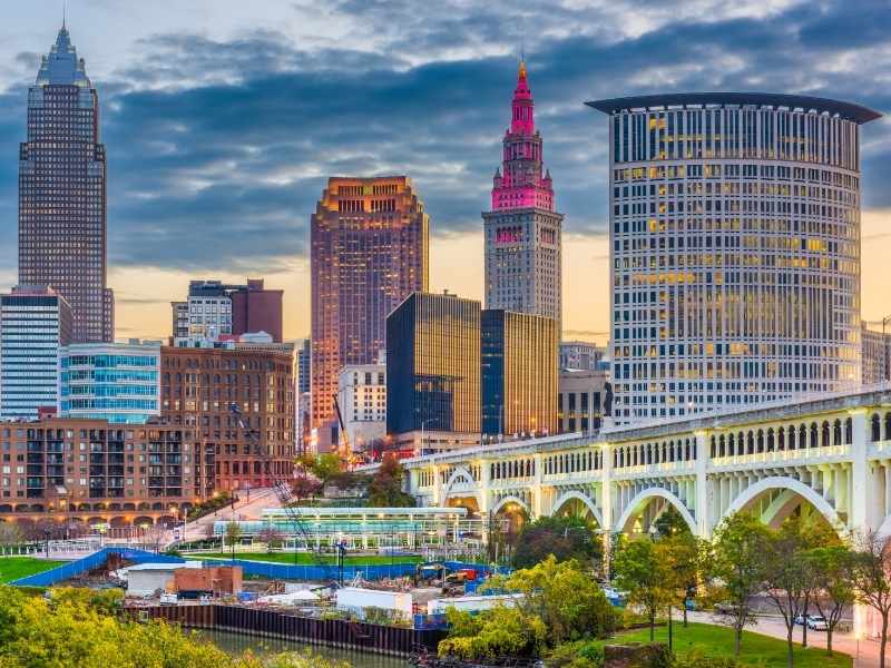 Downtown Cleveland, Ohio skyline with bridge infrastructure, commercial buildings, and surrounding development areas relevant to land surveying and site planning