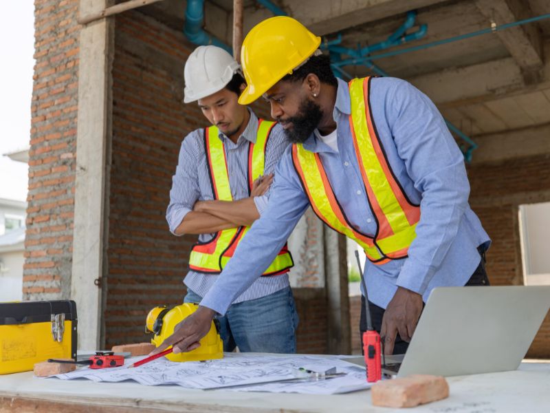 Construction professionals reviewing foundation plans and measurements during the early stages of a building project.