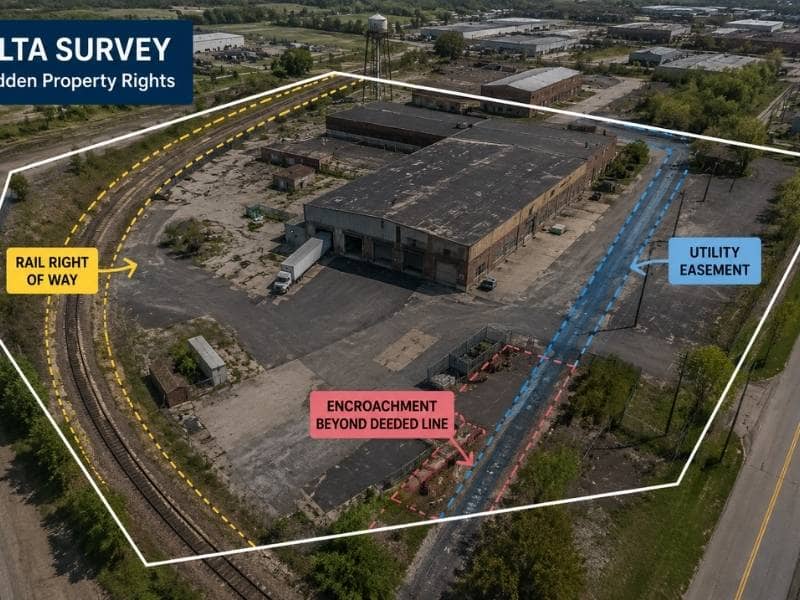 ALTA survey review of hidden easements, rail access rights, and property boundaries on former industrial land.