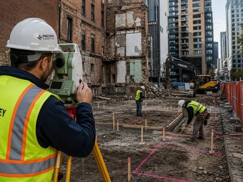 Construction surveyor checking foundation layout on a constrained urban redevelopment site.