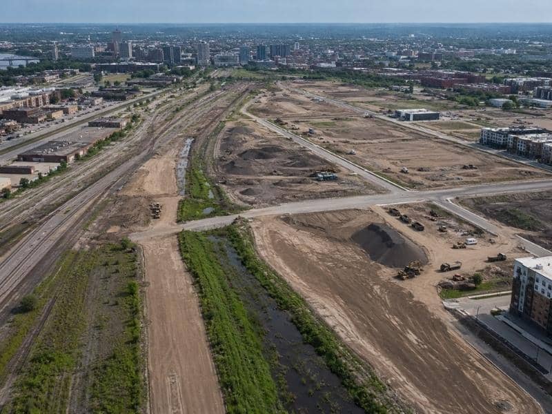 Aerial view of a former rail yard being prepared for mixed-use redevelopment using detailed terrain mapping