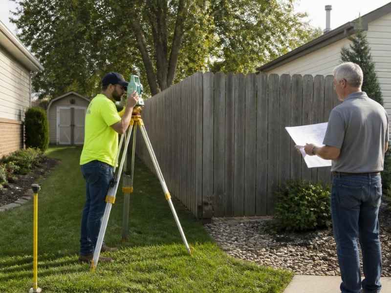 Boundary surveying in Cleveland OH showing a land surveyor checking a fence location, property corner markers, and boundary evidence between neighboring homes.