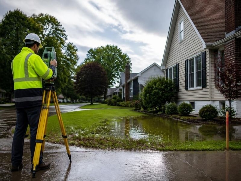 elevation certificate heavy rain cleveland ohio | Cleveland Land Surveying Elevation certificate survey in Cleveland, Ohio, with a land surveyor measuring a residential property after heavy lake-effect rain.